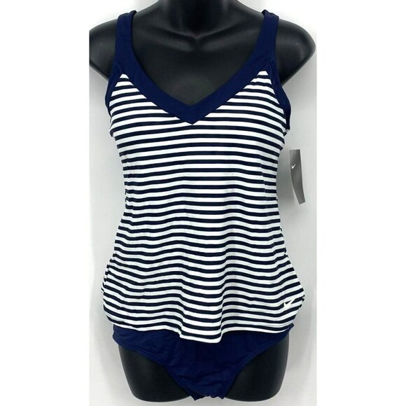 Nike Tankini Swim Suit Size Medium Blue White Striped Crossback Summer Women New - Picture 1 of 6